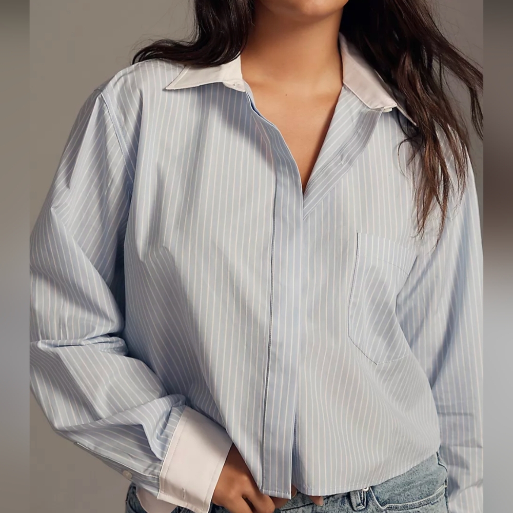 NEW Good American Poplin Cropped Buttondown Shirt - Blue - Women’s XL